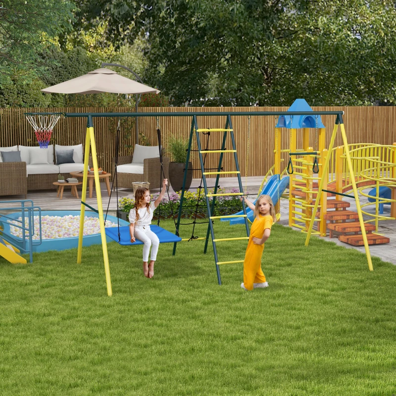Outsunny Metal Swing Set for Backyard 5 in 1 Design Holds up to 440 lbs. for Ages 3-8, Yellow