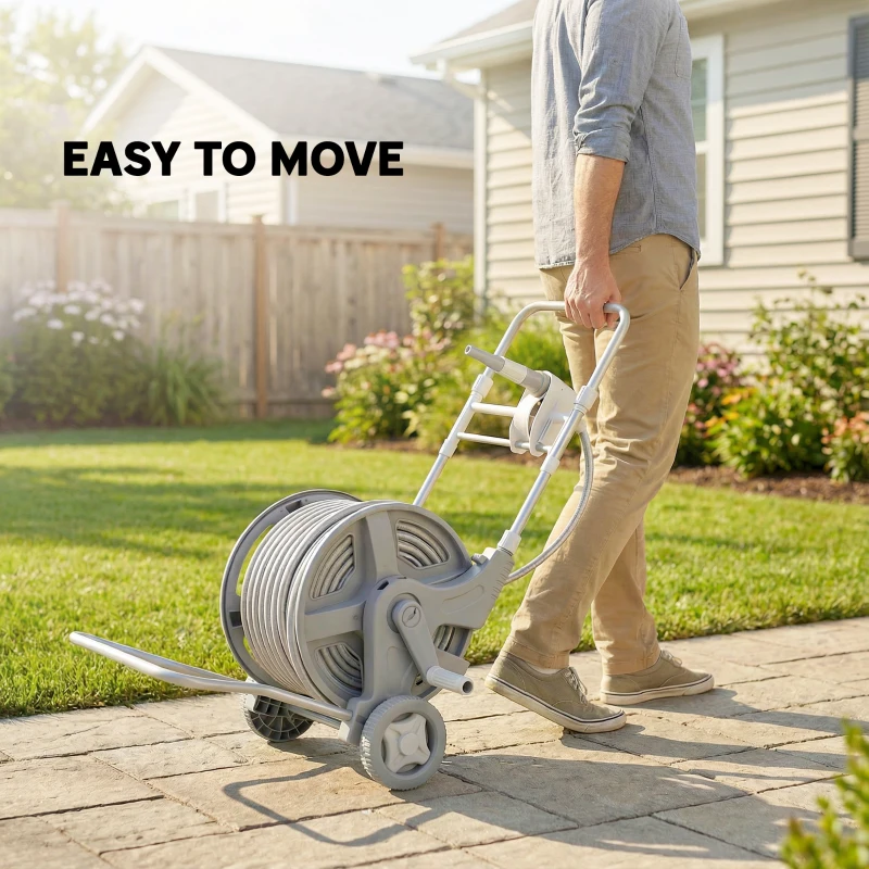 Outsunny Hose Reel Cart with Wheels, 1/2" x 148ft Garden Hose Reel with 2 Patterns Nozzle, Faucet Adaptors, Rewind Handle, Grey