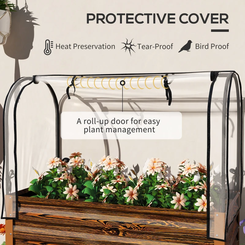 Outsunny Raised Garden Bed with Cover, Metal Elevated Planter Box with Bottom Shelf and Liner, Dark Brown Wood Effect