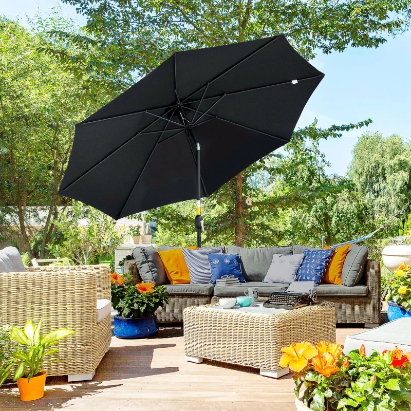 Outsunny 10' x 8' Round Market Umbrella, Patio Umbrella with Crank Handle and Tilt, Outdoor Parasol for Garden, Black
