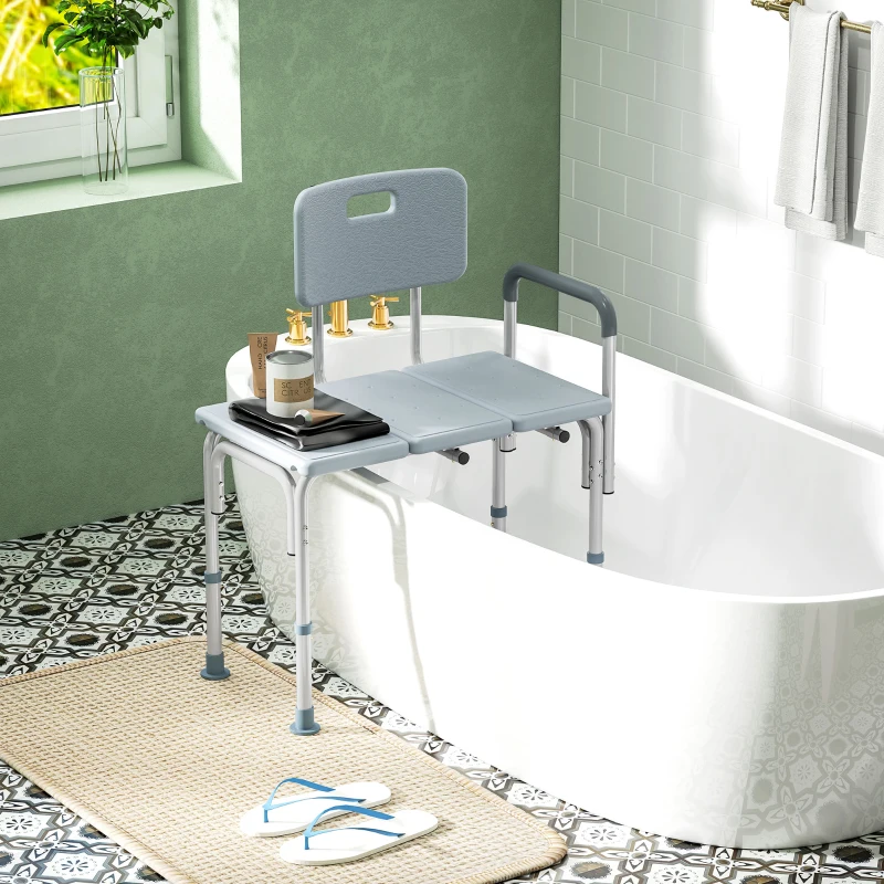 HOMCOM 6-Level Adjustable Bath and Shower Transfer Bench Aluminum Chair with Non-Slip Feet, Armrest & Backrest Grey