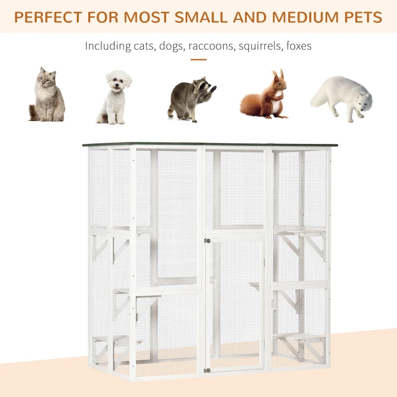 PawHut Outdoor Cat House Big Catio Wooden Feral Cat Shelter Enclosure with Large Spacious Interior, 6 High Ledges, Weather Protection Asphalt Roof, 71" L, White
