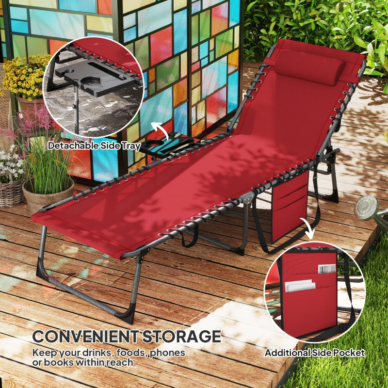 Outsunny Folding Lounge Chair, Outdoor Chaise Lounge Tanning Chair with Adjustable Back, Side Table, Headrest, Red