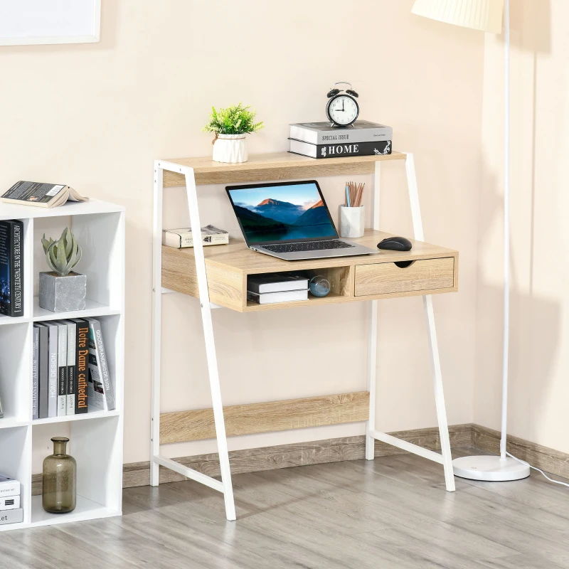 HOMCOM Home Office desk, Computer Desk for Small Spaces, Study Table with Drawer and Storage Shelves, Natural
