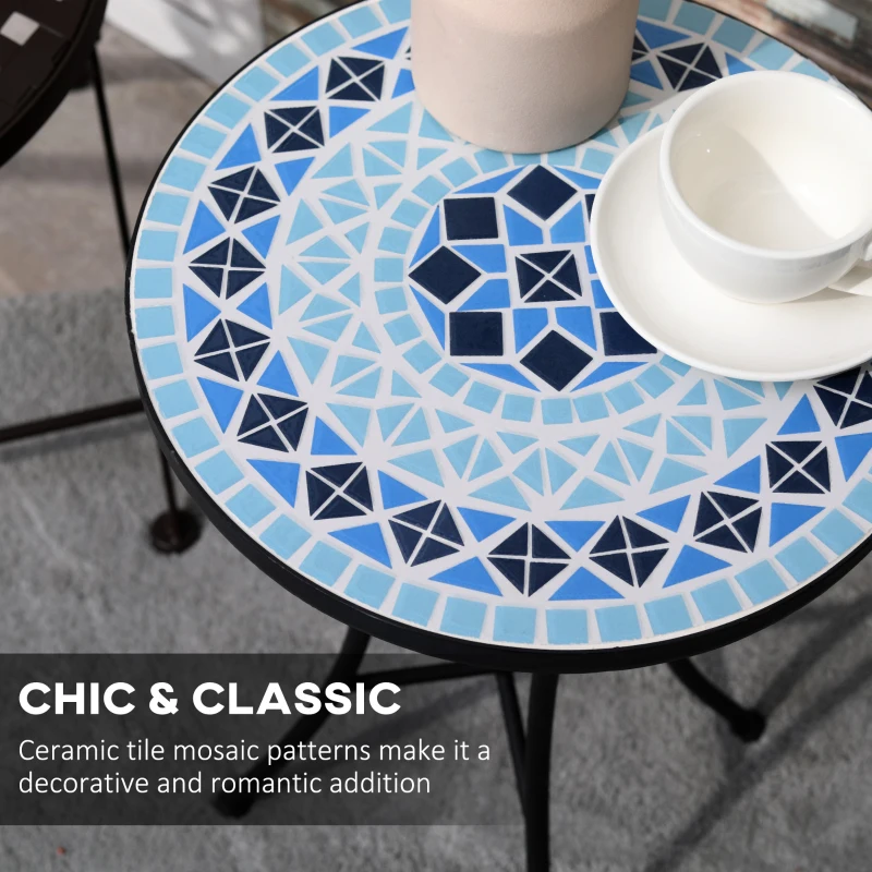 Outsunny Mosaic Patio Table, Round Coffee Table with Metal Frame, Garden Furniture for Outdoor, Poolside, Blue