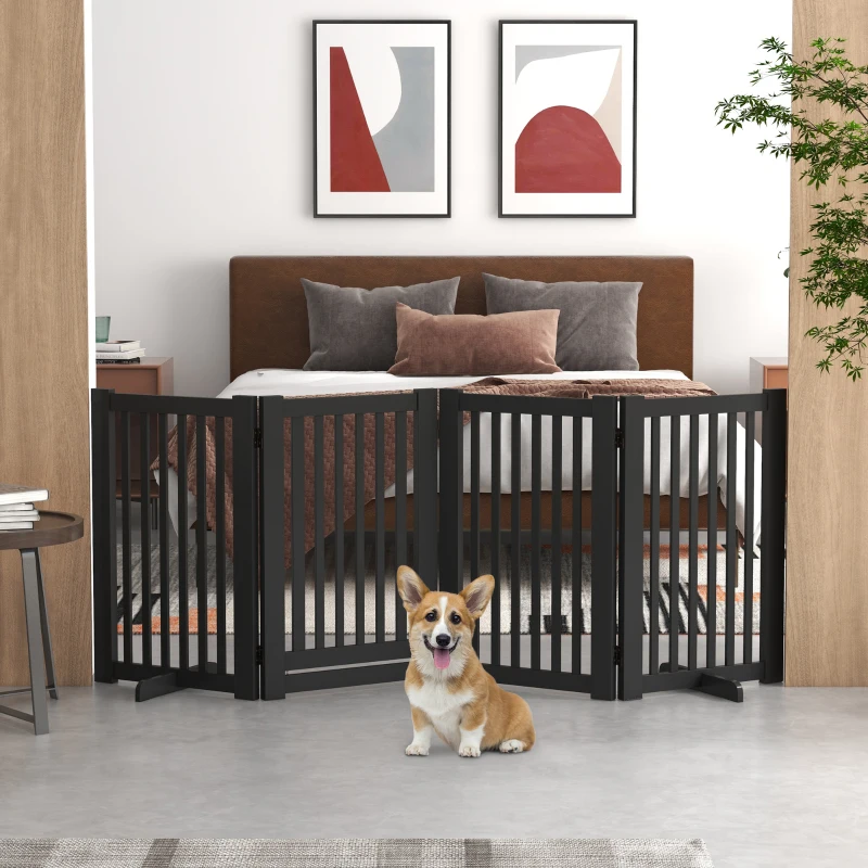 PawHut 4 Panel Free Standing Wooden Pet Gate with Open Door Black