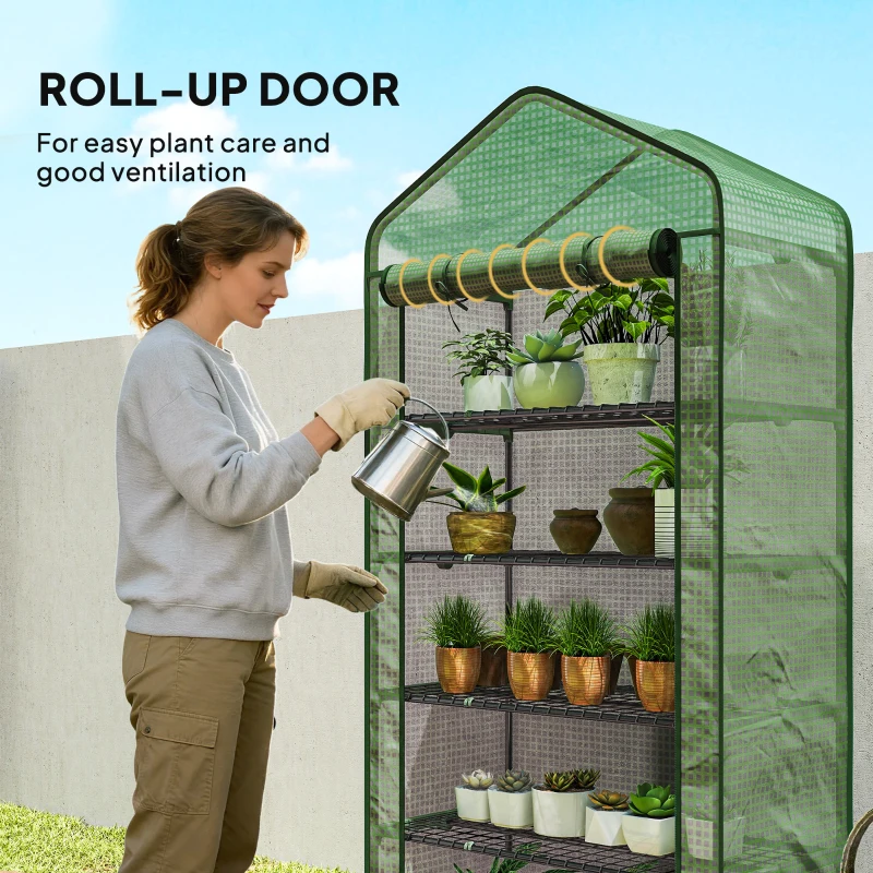 Outsunny 5 Tier Mini Greenhouse, Small Portable Greenhouse with PE Cover, Roll-Up Zippered Door, 76" x 35.4" x 19.3", Green