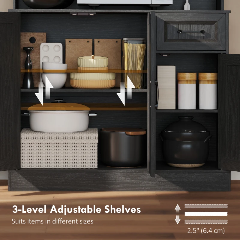 HOMCOM 71" Pantry Cabinet with Charging Station, Kitchen Storage Cabinet with Microwave Stand, Adjustable Shelves, Black