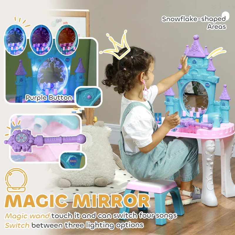 Qaba Kids Vanity Set with Mirror and Stool, Light, Music, Castle Design Makeup Table for Girls 3-6 Years, Multicolor