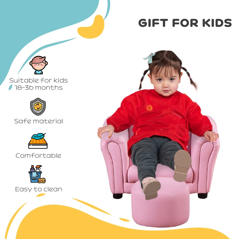 Qaba Kids Sofa Set with Footstool, Upholstered Armchair for Kids 18M+, Baby Sofa for Playroom, Children's Bedroom, Nursery Room, Pink