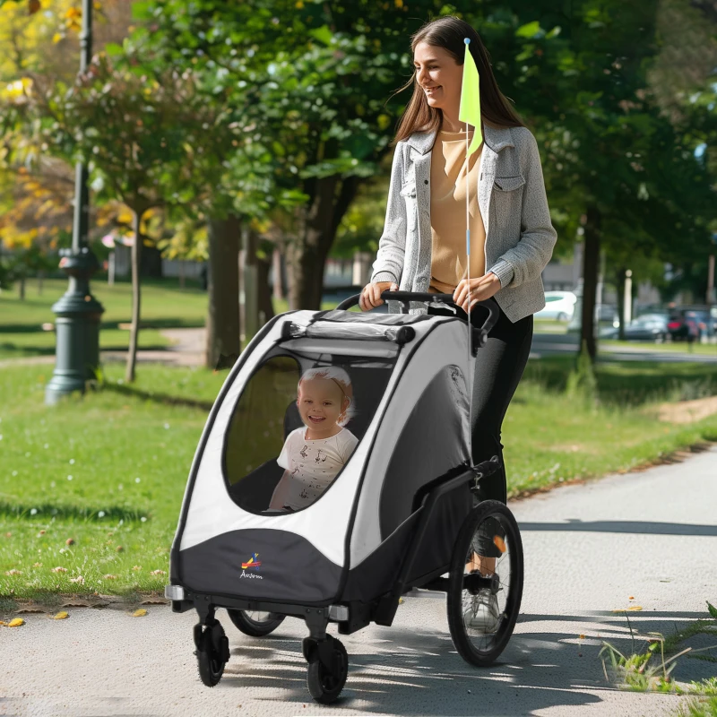 Aosom Bike Trailer for Kids 3 In1 Foldable Child Jogger Stroller Baby Stroller Transport Carrier with Shock Absorber System Rubber Tires Adjustable Handlebar Kid Bicycle Trailer White and Grey
