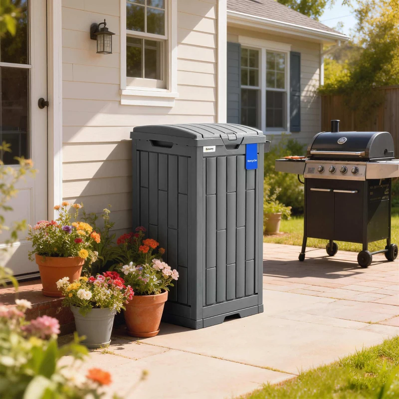 Outsunny 29 Gallon Outdoor Garbage Bin with Dual Lid, Plastic Outdoor Waste Trash Can with Side Holder and Drip Tray, Grey