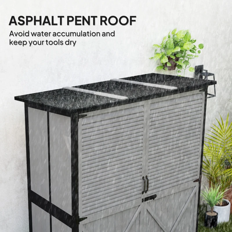 Outsunny Outdoor Storage Cabinet, Wood Garden Shed with Steel Frame, Asphalt Roof, 2 Shelves and Lockable Doors, Grey