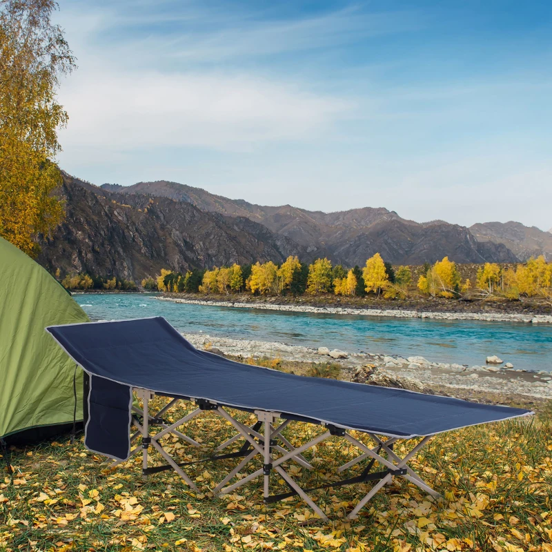 Outsunny Folding Camping Cots for Adults with Carry Bag, Side Pocket, Outdoor Portable Sleeping Bed, 330 lbs. Capacity, Blue