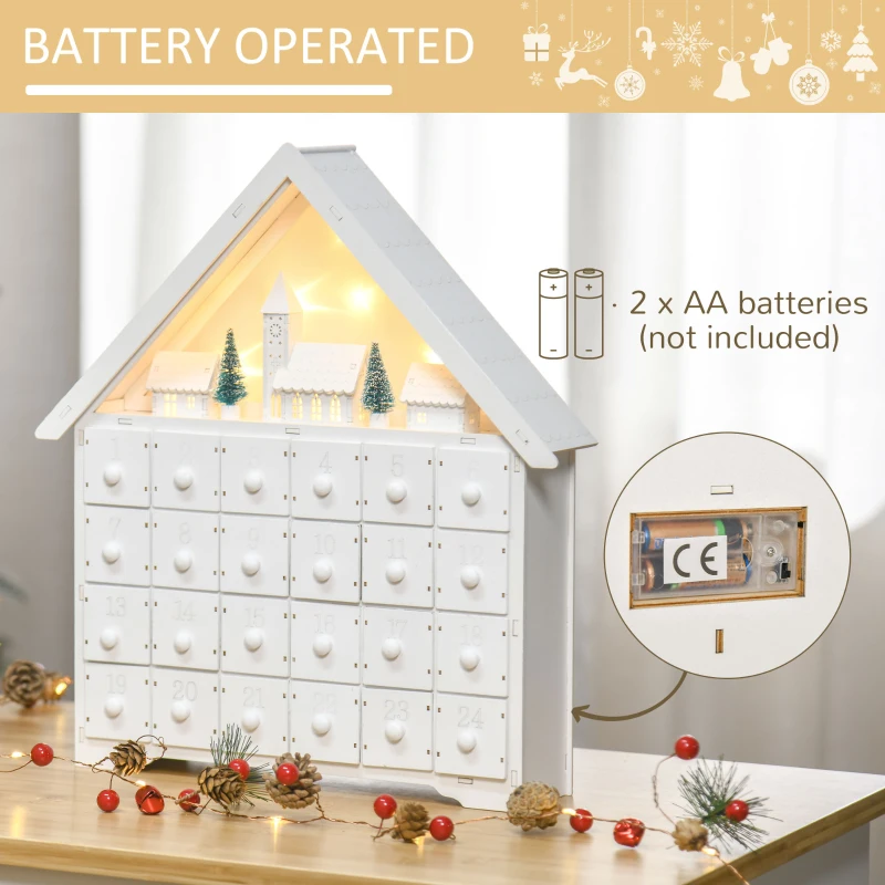 HOMCOM Christmas Advent Calendar, 2022 Light Up Table Xmas Wooden House Holiday Decoration with Countdown Drawer, Village, for kids Adults, White