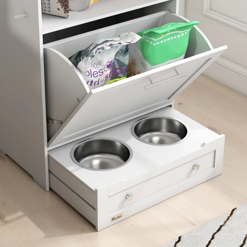 PawHut Pet Feeder Station Storage Cabinet, Dog Food Storage Container with Dog Raised Bowls, Watering Supplies, White