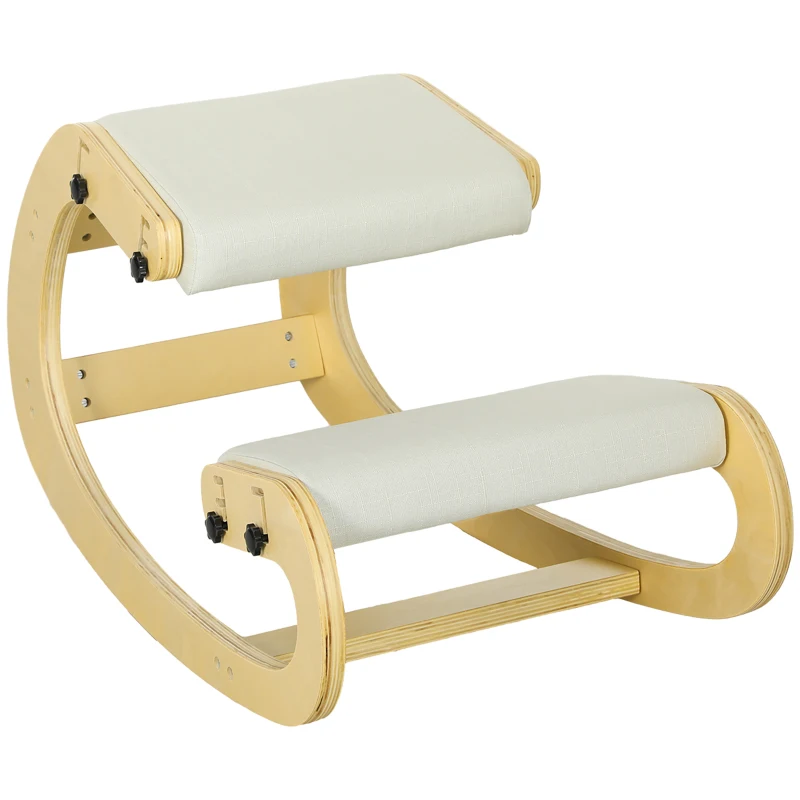 HOMCOM Ergonomic Kneeling Chair, Adjustable Rocking Wood Kneeling Stool, Desk Chair, Improve Posture, Cream White