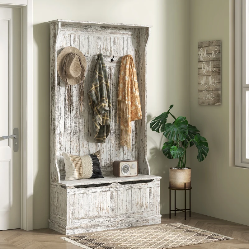 HOMCOM 3-In-1 Entryway Bench with Coat Rack, Hall Tree with Bench and Shoe Storage, 5 Hooks for Hallway Distressed White