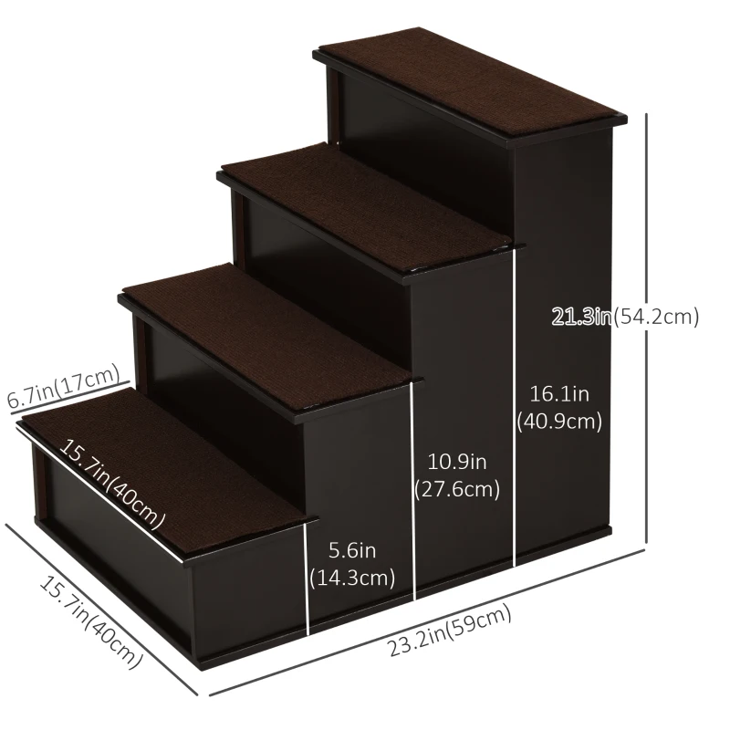 PawHut 4 Levels Wooden Dog Steps Pet Stairs for High Bed, Cat Ladder for Bed Couch with Non-Slip Carpet, Dark Coffee