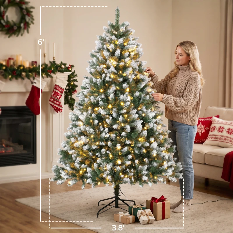 HOMCOM 6ft Pre-lit Artificial Christmas Tree White-Tipped Hinged Full Xmas Tree with 1020 Tips