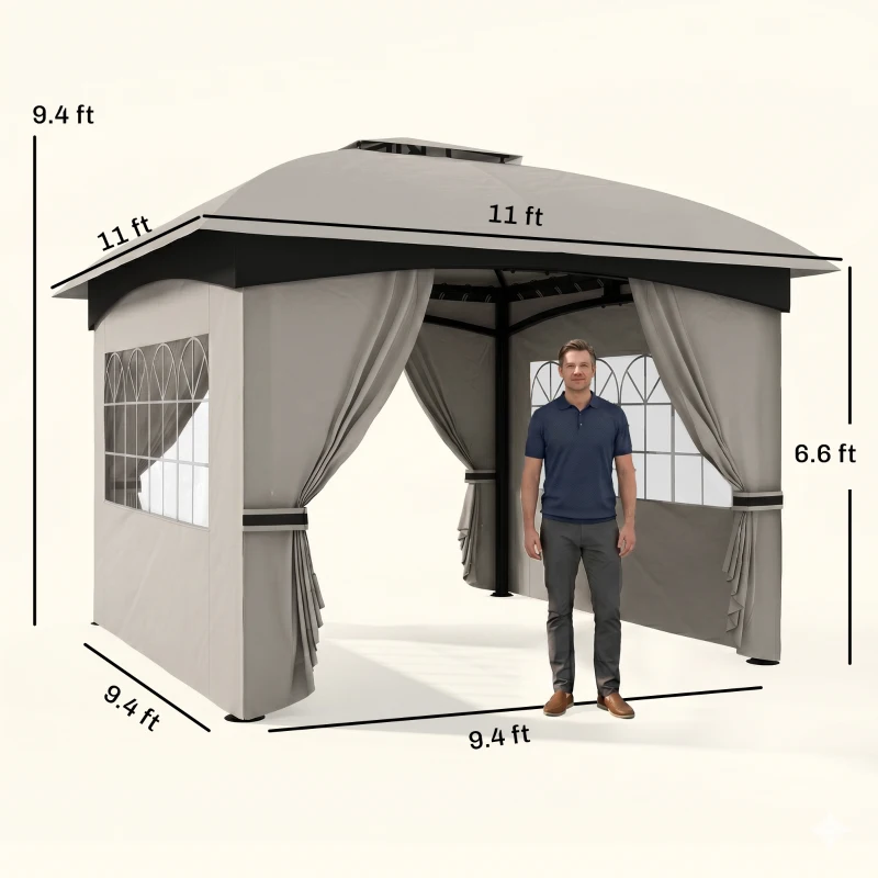 Outsunny 11' x 11' Outdoor Gazebo, Double Roof Patio Gazebo with Curtains, Church Windows, Galvanized Steel Frame, Light Gray