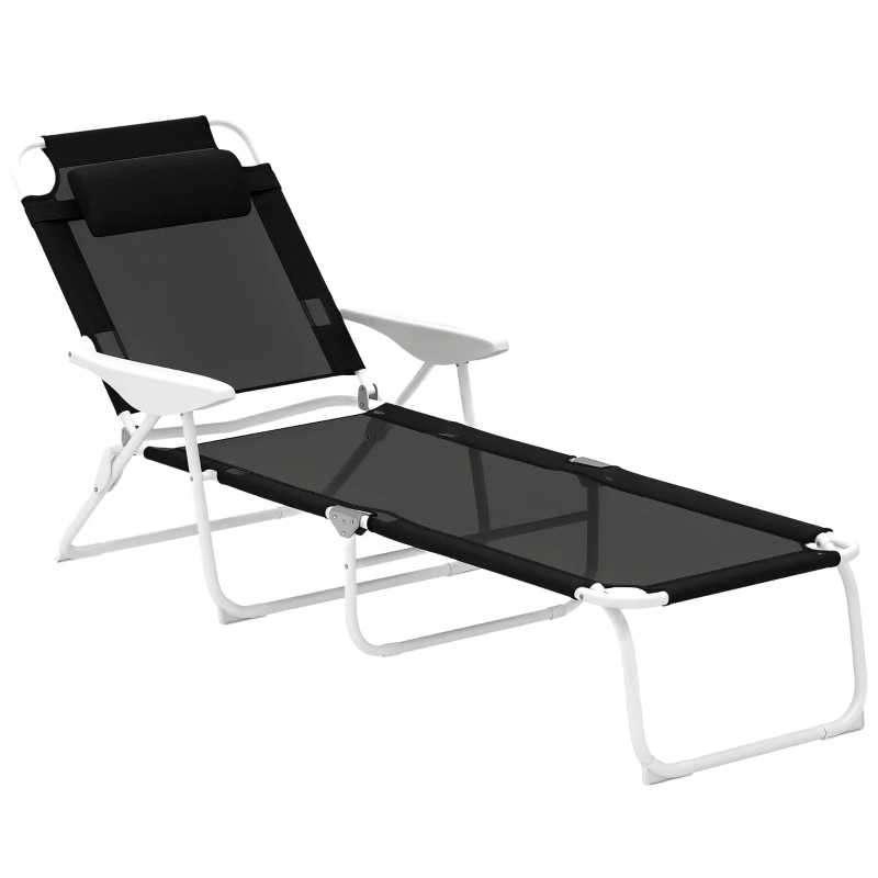 Outsunny Folding Chaise Lounge, Outdoor Sun Tanning Chair, 4-Position Reclining Back, Armrests, Removable Pillow, Black