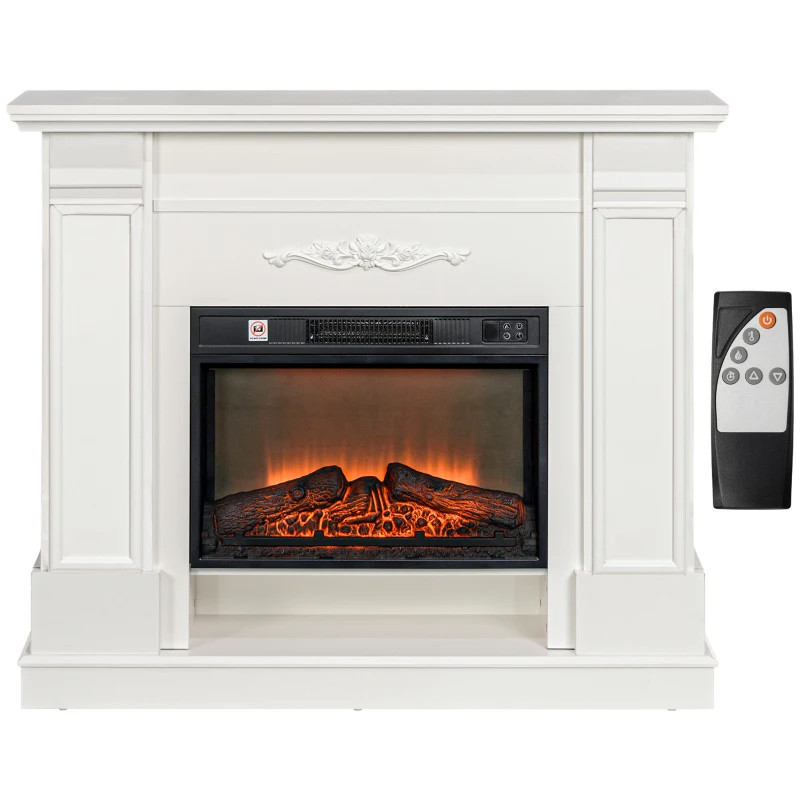 HOMCOM 46" Electric Fireplace with Mantel and Shelf, 1400W Fireplace Heater with Realistic Log and Flame Effect, White