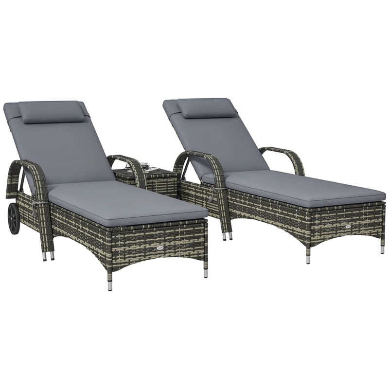 Outsunny Patio Wicker Chaise Lounge Chair Set of 2 with Table, Adjustable Backrest, Wheels, Cushion & Headrest, Gray