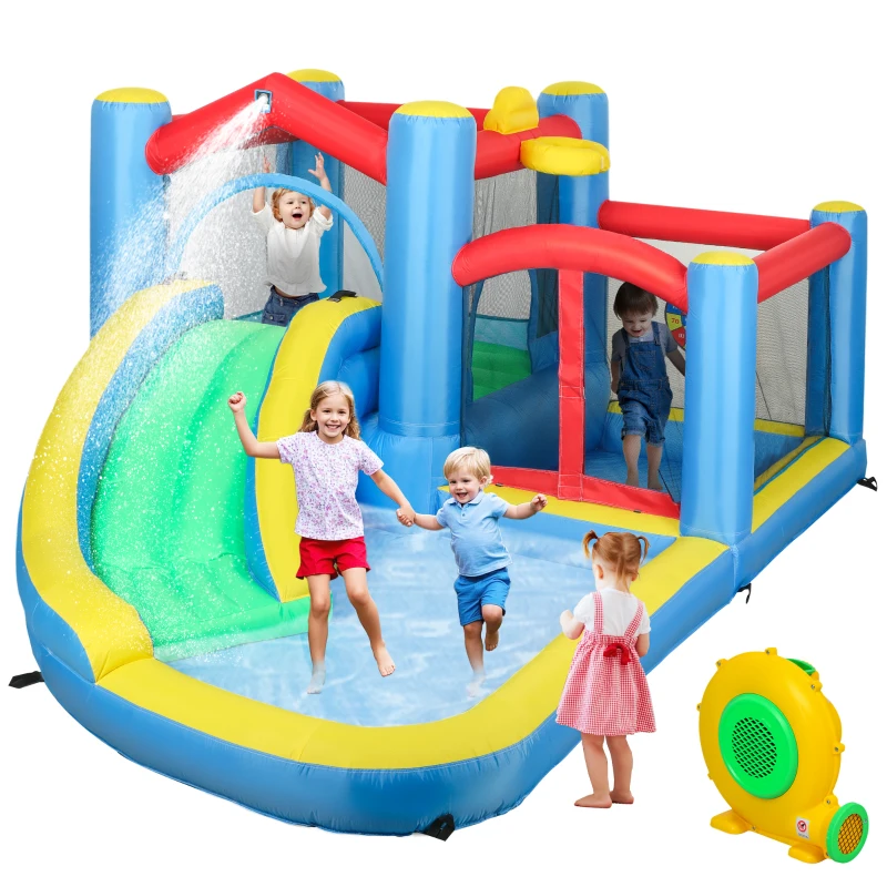 Qaba Inflatable Water Slide Bounce House w/ 550W Blower, Large Trampoline, Splash Pool, Basketball Hoop, Dart Board