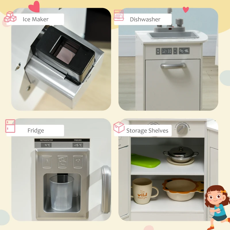 Qaba Play Kitchen Set for Kids w/ Apron and Chef Hat, Ice Maker White