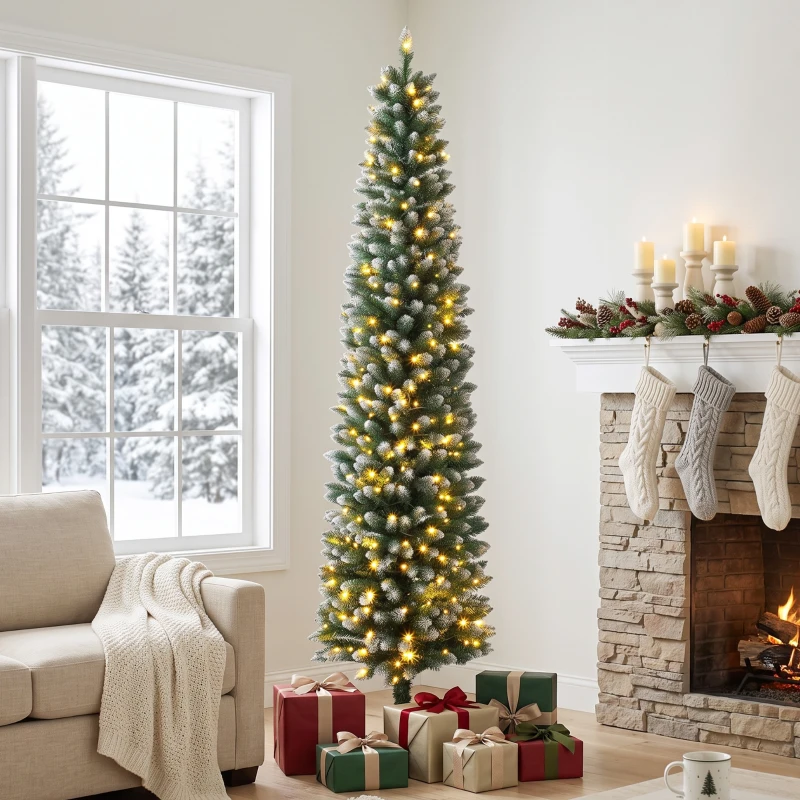 HOMCOM 8ft Pencil Prelit Christmas Tree, Dual Color LEDs, Flocked, Remote, Slim Xmas Tree with 11 Modes, Green White