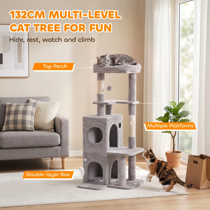 PawHut 52" Cat Tree, Multi-Level Large Cat Tower House with 2-Tier Condo, Bed, Sisal Scratching Posts, Light Grey