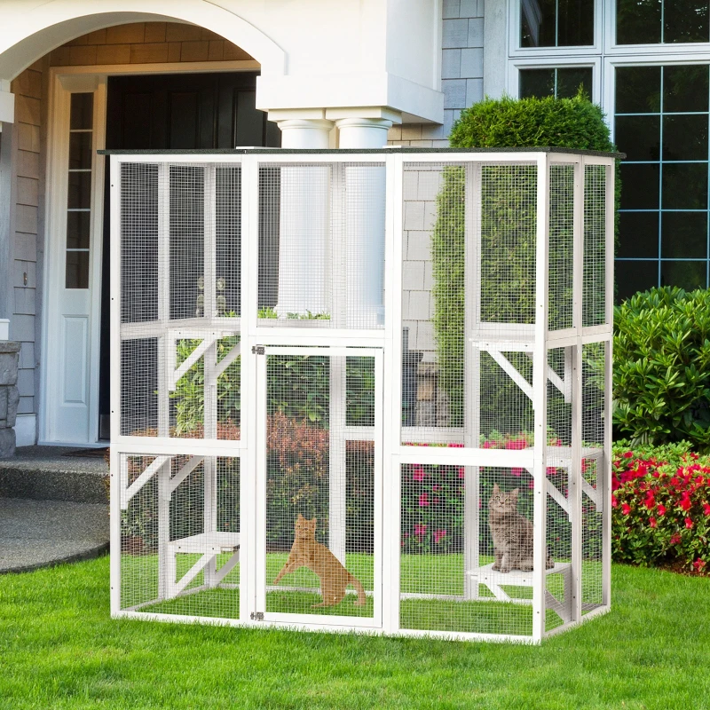 PawHut Outdoor Cat House Big Catio Wooden Feral Cat Shelter Enclosure with Large Spacious Interior, 6 High Ledges, Weather Protection Asphalt Roof, 71" L, White
