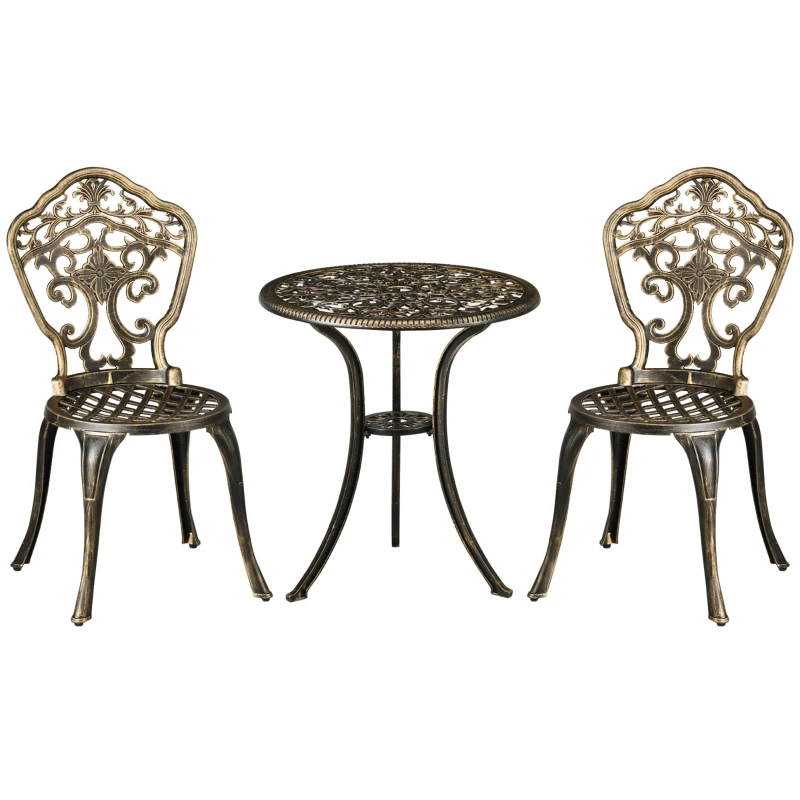 Outsunny Outdoor 3 Piece Garden Bistro Set, 2 Chairs and A Round Coffee Table with Parasol Hole for Balcony, Patio, Bronze