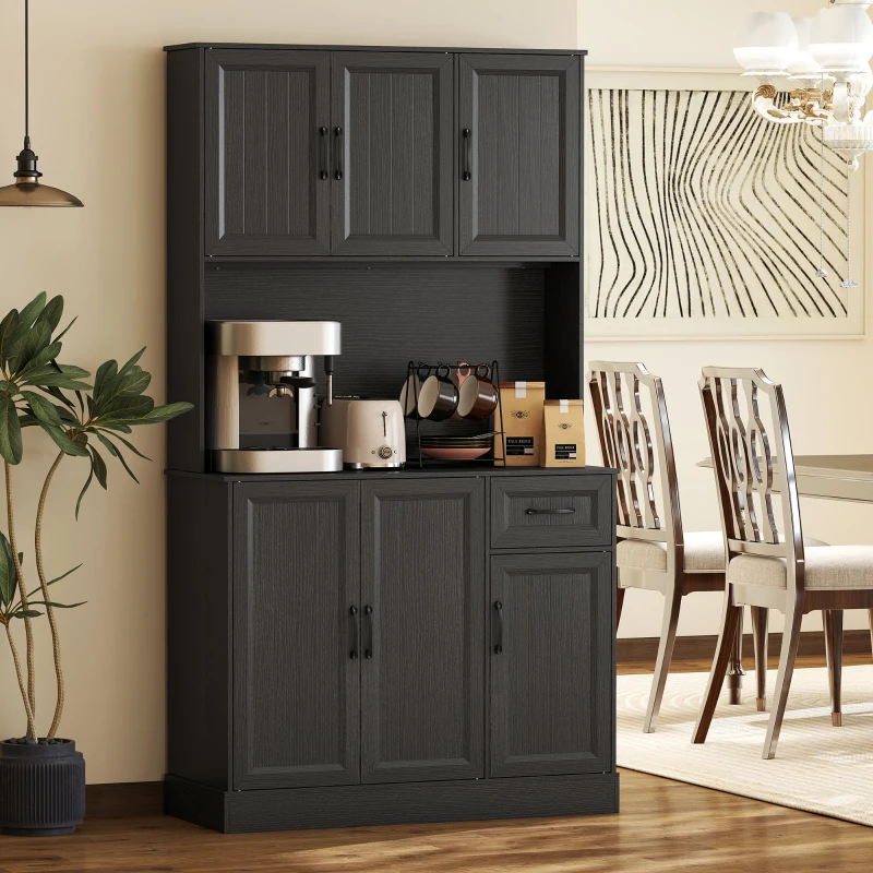 HOMCOM 71" Pantry Cabinet with Charging Station, Kitchen Storage Cabinet with Microwave Stand, Adjustable Shelves, Black