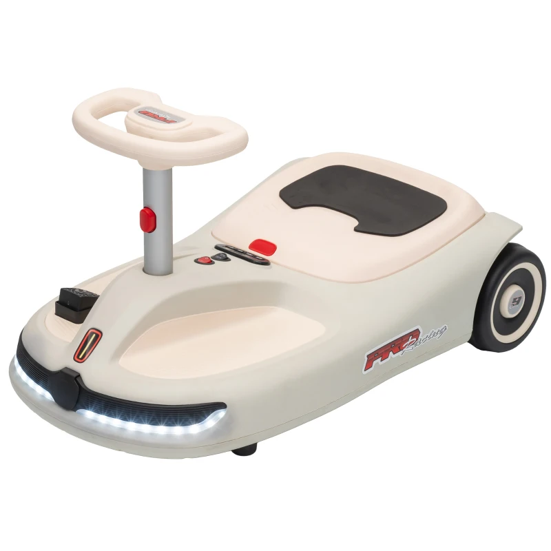 Qaba 12V Electric Wiggle Car with Convertible Steering Wheel Pull Handle, 2 Speed, Music, Lights for 3-5 Years, White