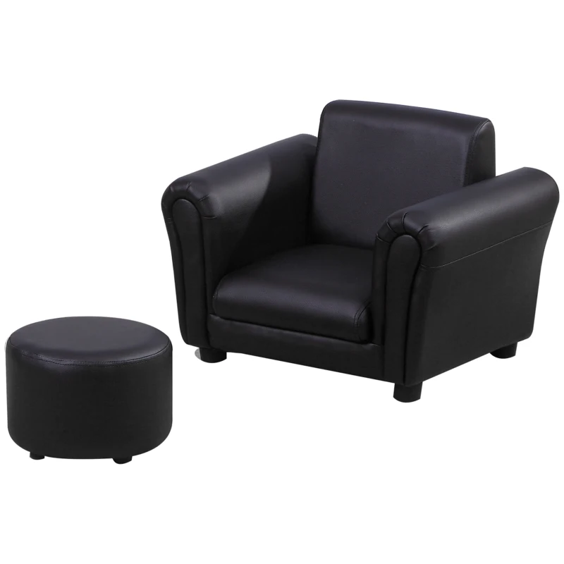 Qaba Kids Sofa Set with Footstool, Upholstered Armchair for Kids 18M+, Baby Sofa for Playroom, Children's Bedroom, Nursery Room, Black