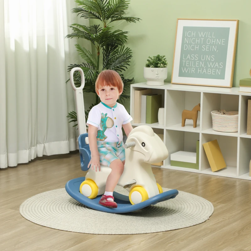 Qaba 4 in 1 Rocking Horse for Toddles 1-3 Years with Detachable Push Handle & Balance Board, Blue