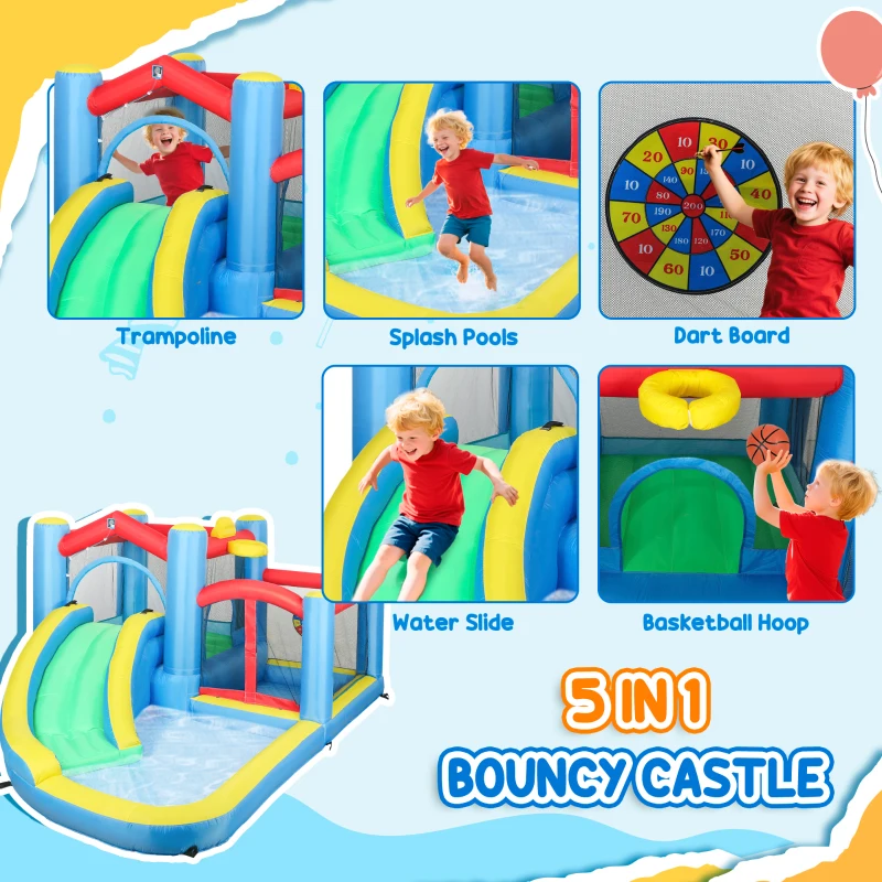 Qaba Inflatable Water Slide Bounce House w/ 550W Blower, Large Trampoline, Splash Pool, Basketball Hoop, Dart Board