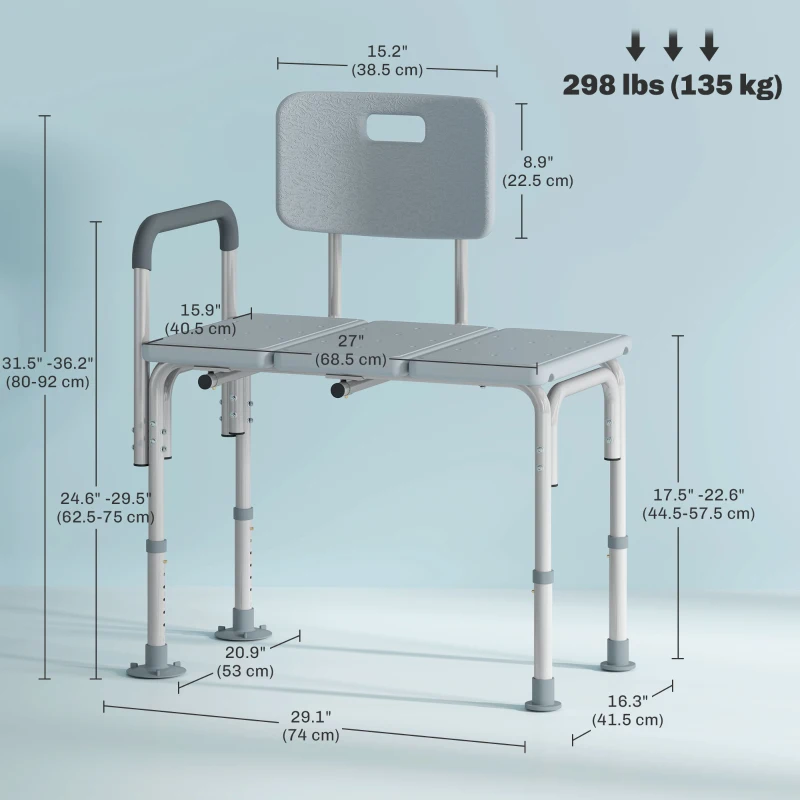 HOMCOM 6-Level Adjustable Bath and Shower Transfer Bench Aluminum Chair with Non-Slip Feet, Armrest & Backrest Grey