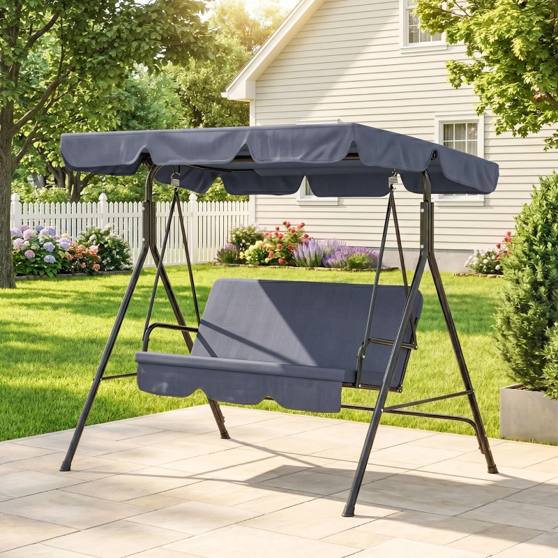 Outsunny 3-Seat Outdoor Patio Swing Chair with Removable Cushion, Steel Frame Stand and Adjustable Tilt Canopy for Patio, Garden, Poolside, Balcony, Backyard, Gray