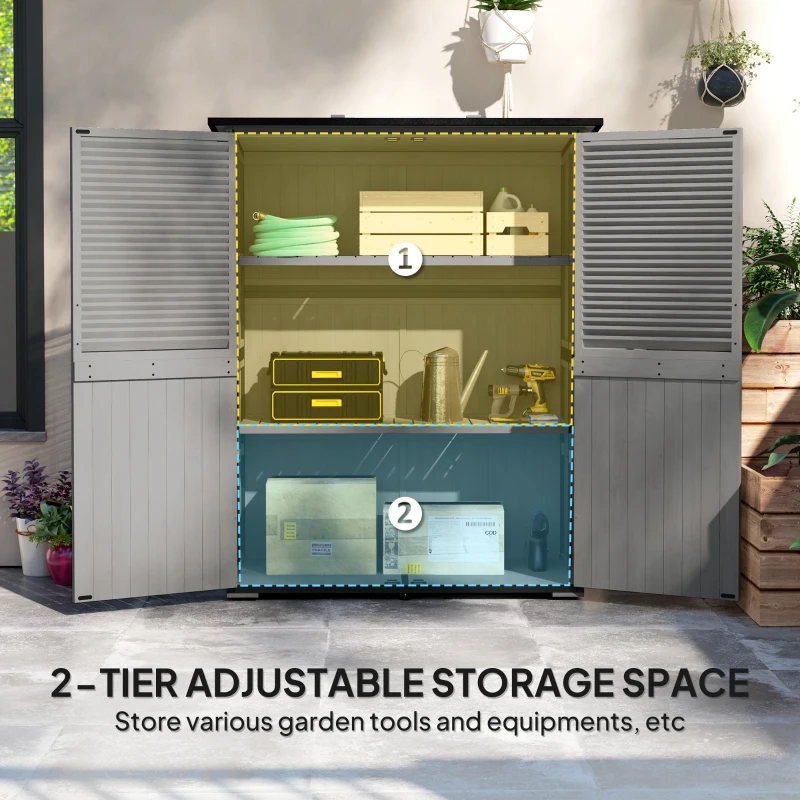 Outsunny Outdoor Storage Cabinet, Wood Garden Shed with Steel Frame, Asphalt Roof, 2 Shelves and Lockable Doors, Grey