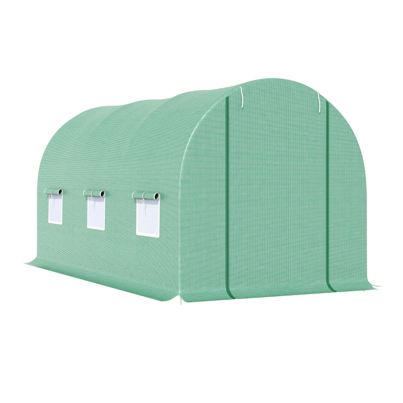 Outsunny 15' x 6.6' x 6.6' Walk-in Tunnel Greenhouse Garden Plant Seed Growing Warm House Outdoor Hot House w/ Roll Up Door, Windows, PE Cover Green