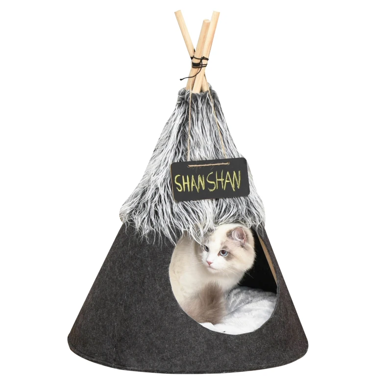 PawHut Pet Teepee Tent Cat Bed Dog House with Thick Cushion Chalkboard for Kitten and Puppy up to 13lbs 28inch Grey