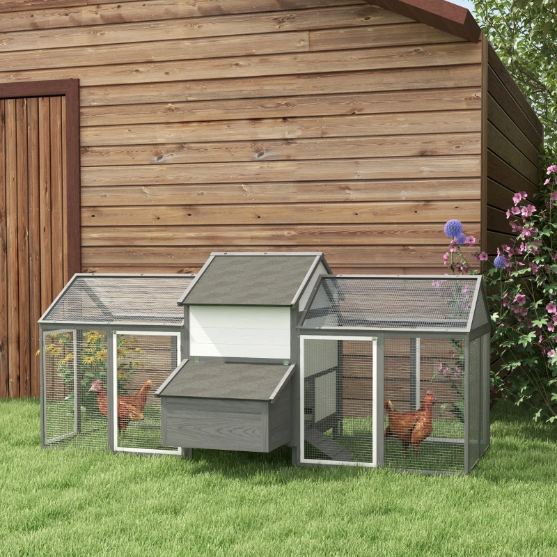 PawHut 97" Chicken Coop Poultry Cage with Double Run, Nesting Box, Gray(m-10)