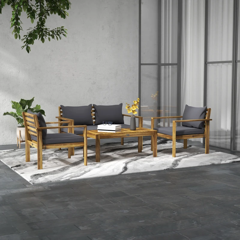 Outsunny 4 Piece Patio Sofa Set, Acacia Wood Outdoor Furniture with Cushions, Table, Backyard Lawn Porch Sofa, Gray