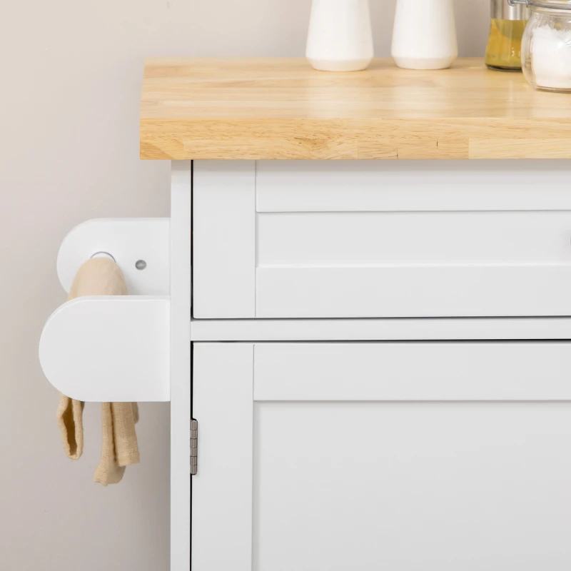 HOMCOM Kitchen Island with Storage, Rolling Cart Trolley with Rubberwood Top, Adjustable Shelf, Drawer, Spice Rack, White
