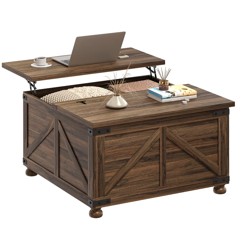 HOMCOM Coffee Table with Lift Top, 32" Farmhouse Center Table with Hidden Compartment for Living Room, Brown Wood Grain