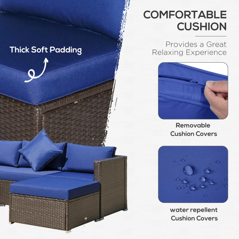 Outsunny 6 Piece Patio Furniture Set Outdoor Wicker Conversation Set All Weather PE Rattan Sectional Sofa Set with Ottoman, Cushions and Tempered Glass Table, Coffee and Blue