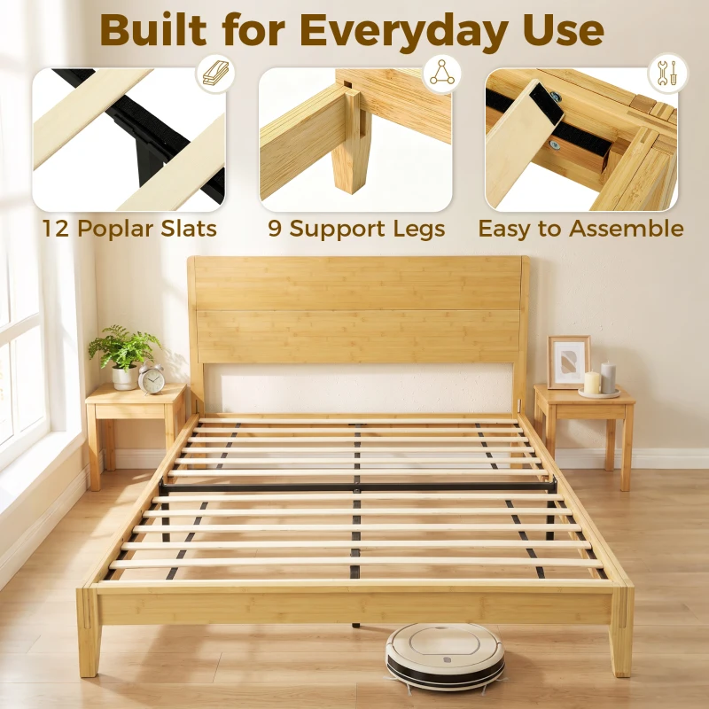 HOMCOM Queen Size Bamboo Platform Bed Frame with Headboard and 12 Poplar Slats, No Box Spring Needed, Easy Assembly, Natural